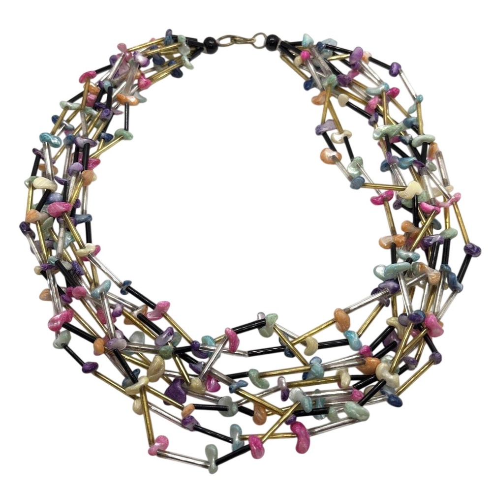 Vintage SW Style 9 Strand Dyed Pearl  & Plastic‎ Bead 20'' Necklace Boho Beaded